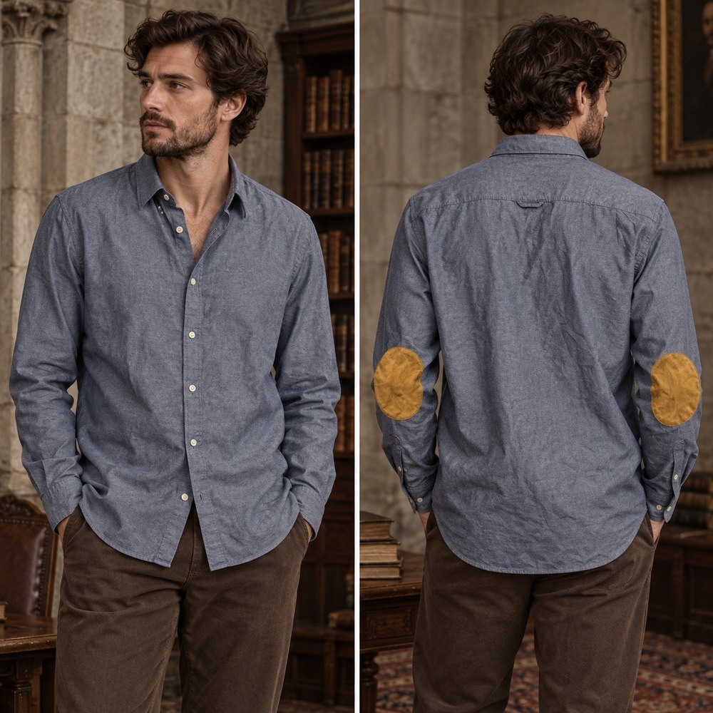 Springfield XL Blue Chambray Elbow Patch Shirt Poetcore Dark Academia
